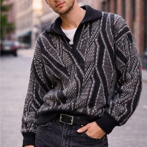 Men's Charcoal and Black Geometric V-Neck Sweater